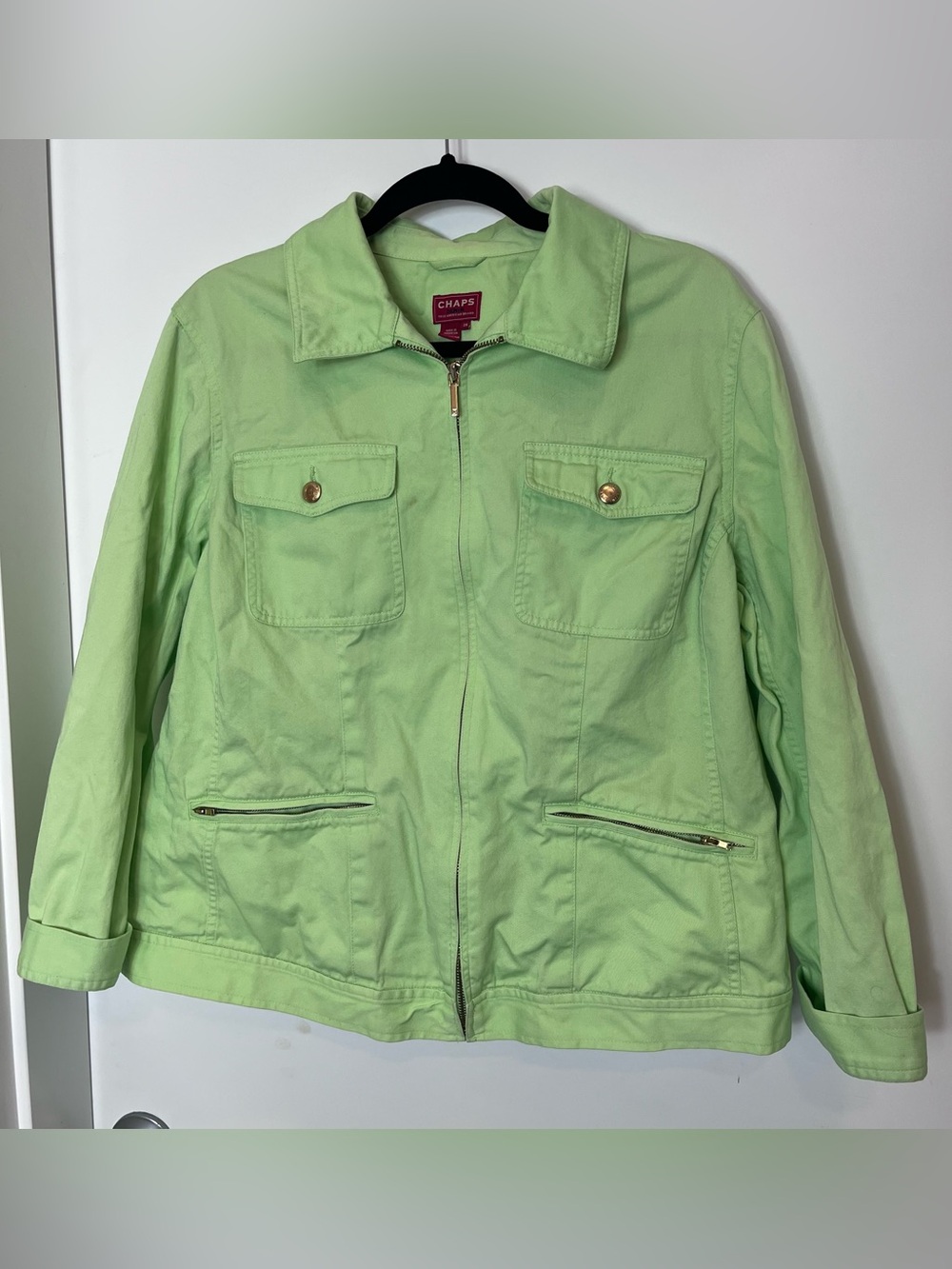Chaps Denim Shirt Jean Jacket Women 2X Pale Lime Green Denim Trucker Zip Pockets